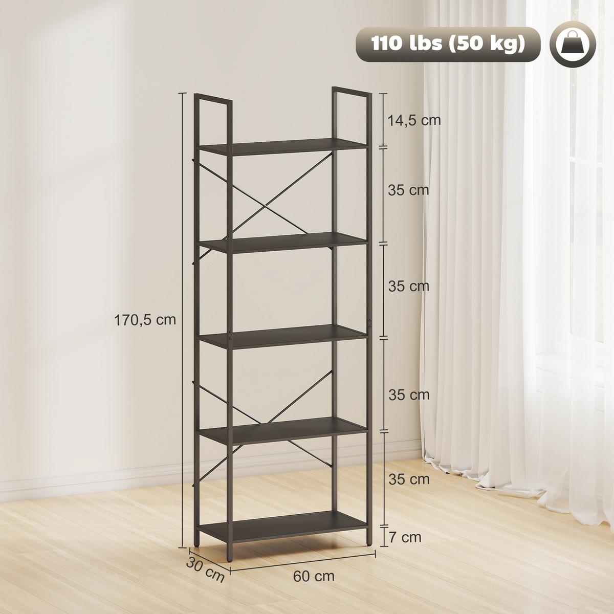 BÜCHERREGAL Standregal mit 5 Ebenen Büroregal Schwarz - Schwarz, Metall (30/170.5/60cm) - HOMCOM