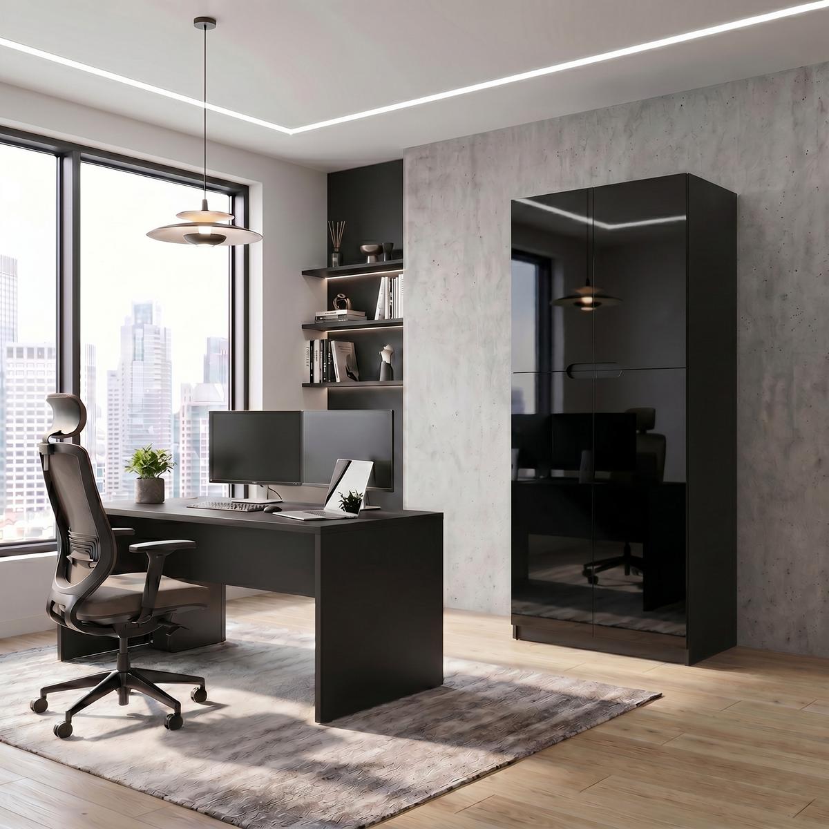 BÜROSCHRANK Logan Fronten in Schwarz Hochglanz - Schwarz Hochglanz, Holzwerkstoff (82/184/37cm) - Vladon