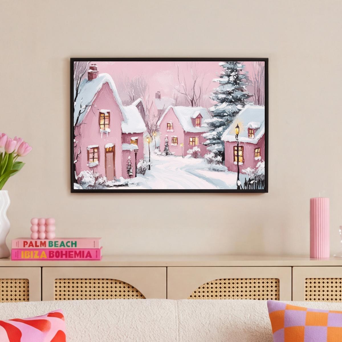 LEINWAND Bilder mit Rahmen - Weihnachtsdorf - Rosa - Winter - Schnee - Häuser - 60x40 - Altrosa, Textil (60/40cm) - MuchoWow