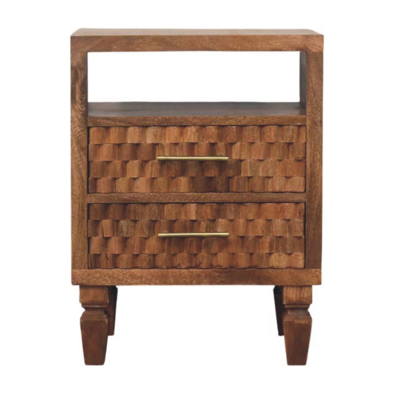NACHTKASTEN Arno in Goldenem Teak, 2 Schubladen und Offenes Regal, Hellbraun - Messingfarben/Braun, Holz/Metall (45/60/35cm) - Artisan Furniture