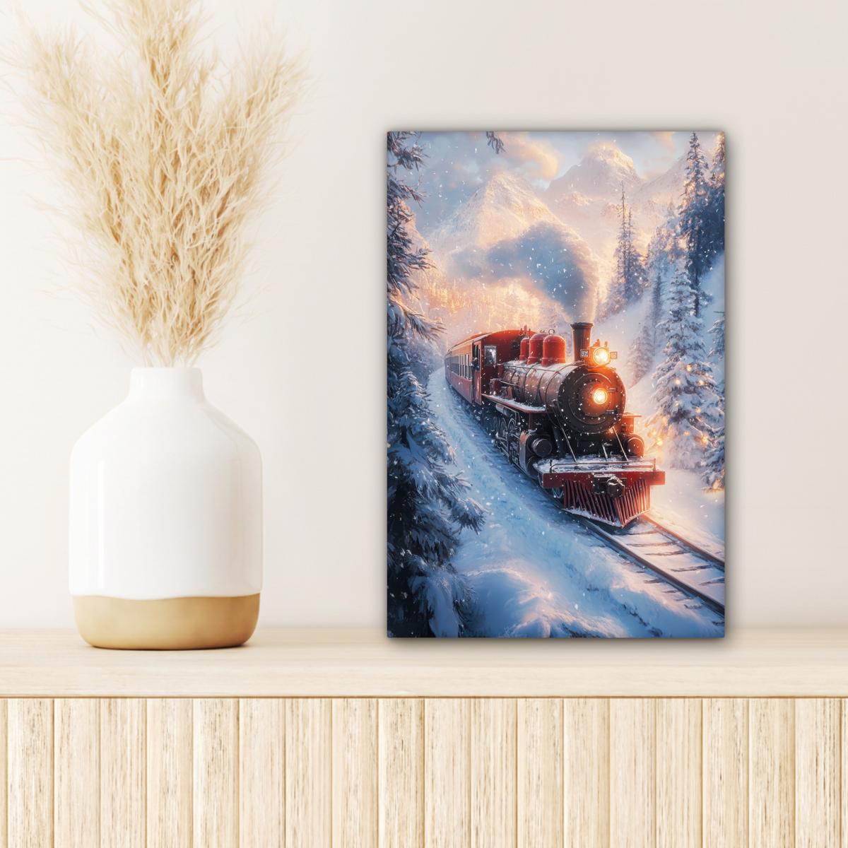 LEINWANDBILD Weihnachtszug - Schnee - Winter - Weihnachten Deko Wohnzimmer 20x30 cm - Dunkelrot, Textil (20/30cm) - MuchoWow