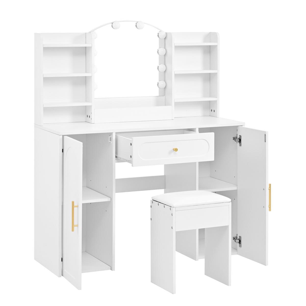 SCHMINKTISCH LED mit Hocker Spiegel Stauraum - Weiß, Holzwerkstoff (110/132/40cm) - Urban Meuble