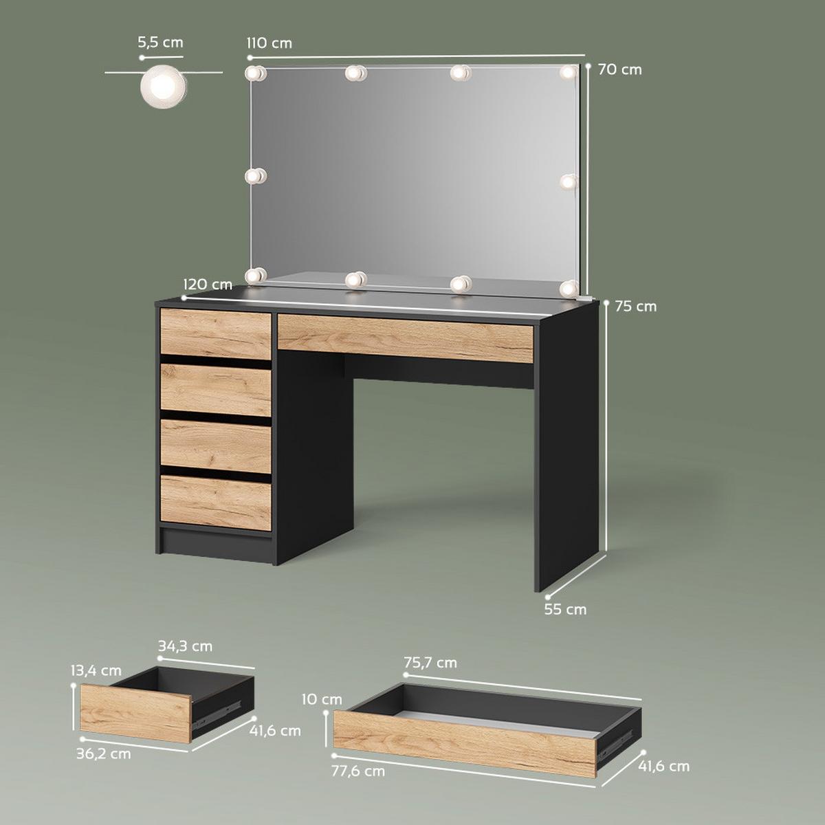 SCHMINKTISCH Imola Anthrazit/Goldkraft Eiche 120 cm mit LED Beleuchtung - Honigeiche/Anthrazit, Holzwerkstoff (120/75/55cm) - Livinity®