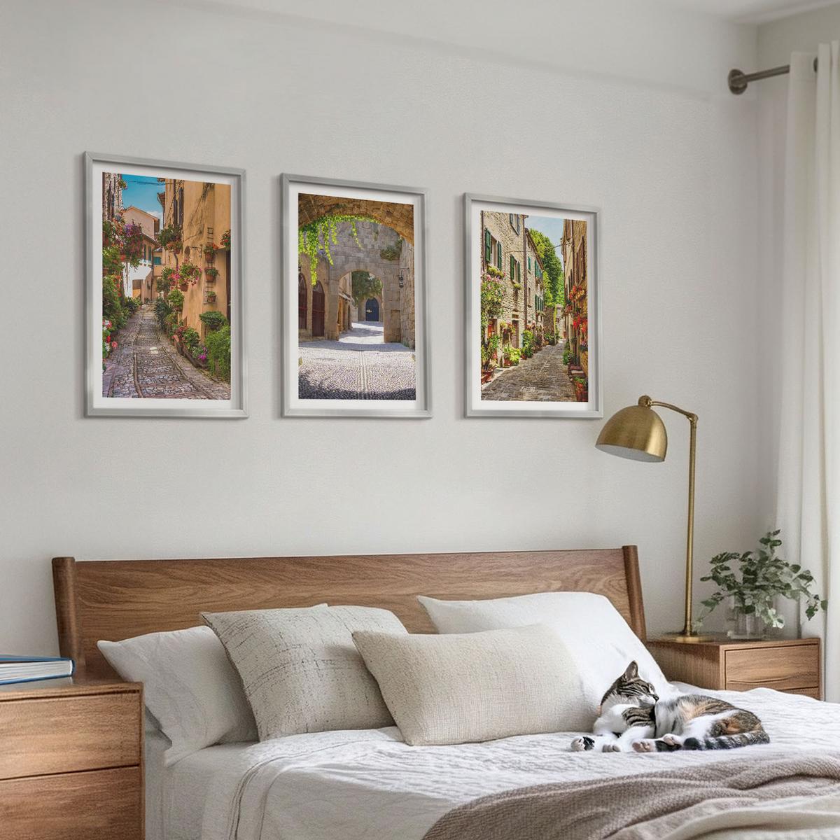 BILDER SET 3er Set - 40x60 cm Silberner Rahmen - Italienische Straßen, Blumen, Architektur - Silberfarben, Kunststoff (40/60cm) - TULUP
