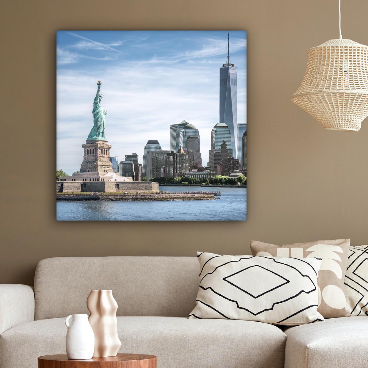 LEINWANDBILD New York - Freiheitsstatue - Wasser Deko Groß 90x90 cm - Hellblau, Textil (90/90cm) - MuchoWow