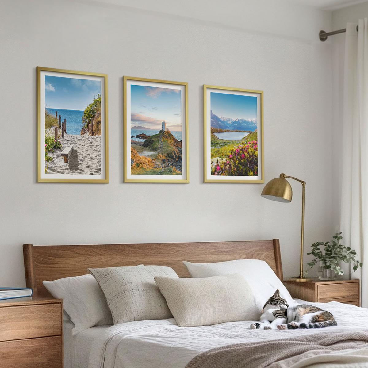 BILDER SET 3er Set - 40x60 cm Goldrahmen - Strand, Leuchtturm, Berge, Blumen - Goldfarben, Kunststoff (40/60cm) - TULUP