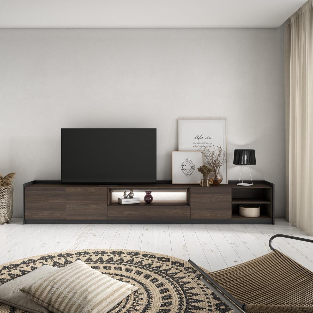 LOWBOARD, Dunkler Eiche und Schwarz, 310/37/50cm, mit Led - Dunkelbraun, Holzwerkstoff (310/50/37cm) - Skraut Home