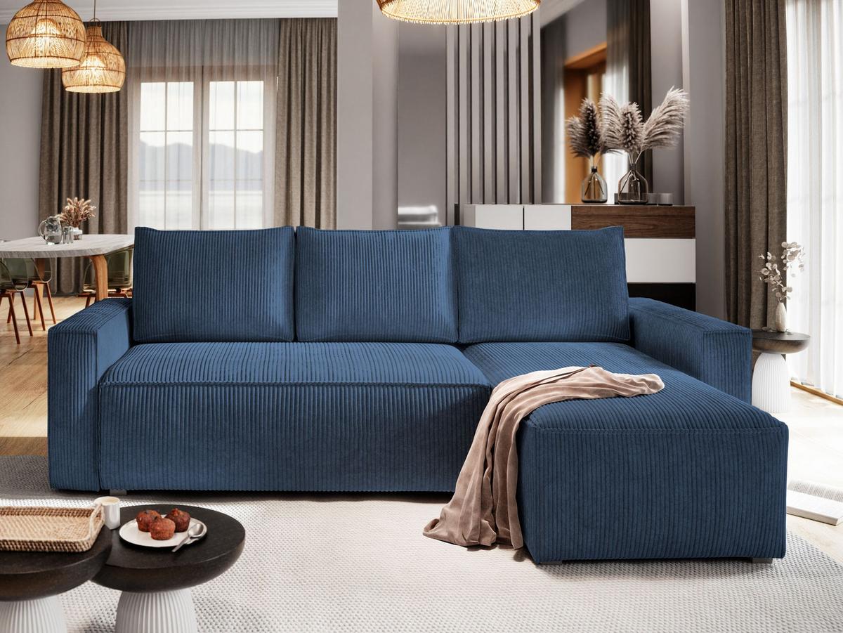 ECKSOFA POTARO Blau Kordstoff mit Schlaffunktion - Blau/Grau, Holz/Kunststoff (232/140cm) - MASSENO