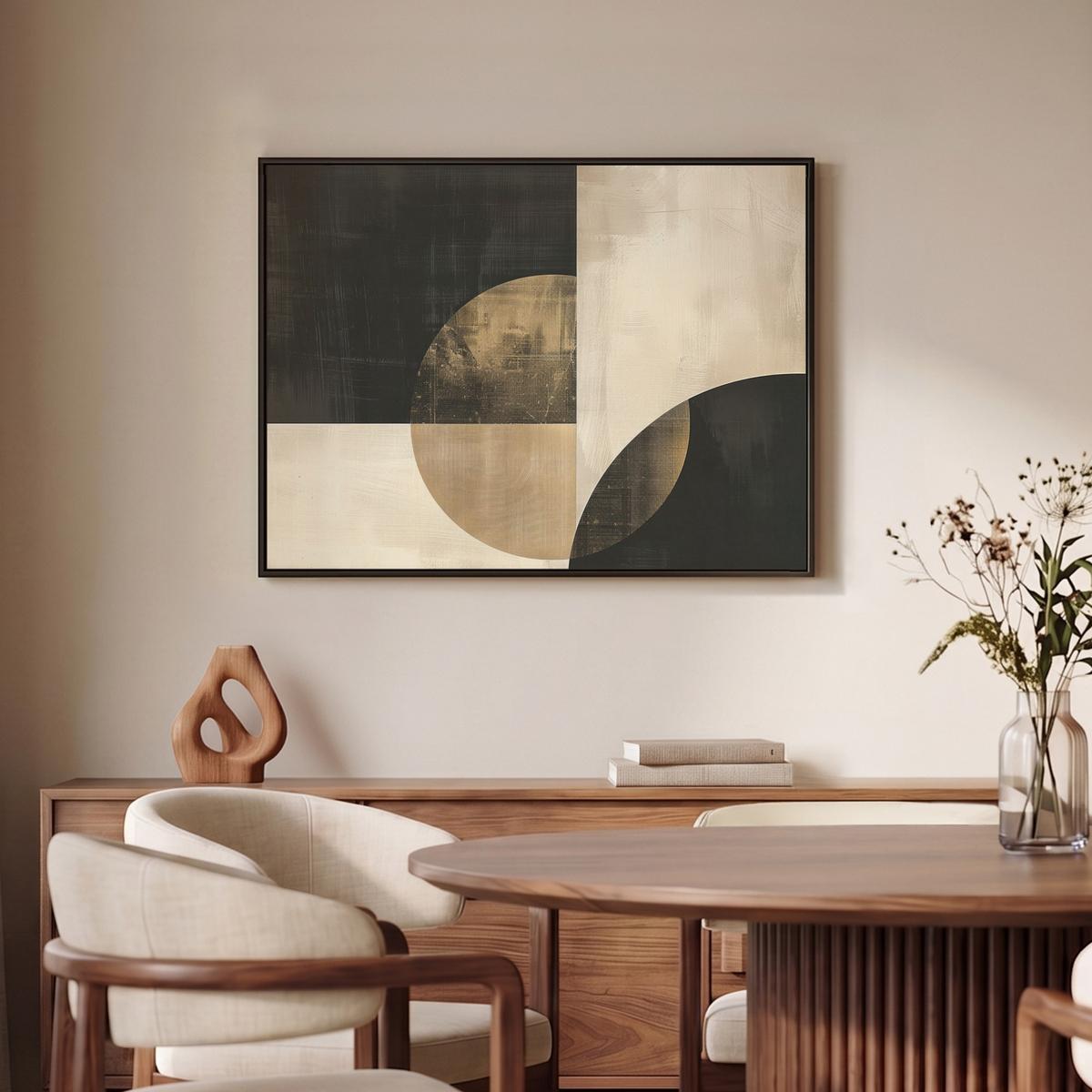 LEINWAND Bilder mit Rahmen - Abstrakt - Geometrische Formen - Schwarz - Gold - 80x60 - Ecru, Textil (80/60cm) - MuchoWow