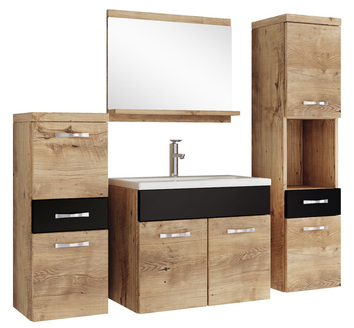 BADMÖBEL-SET Alba 5 Teile Kastanien Eiche mit Schwarz - 60 x 35 x 51 cm - Eichefarben/Schwarz, Holz (60/51/35cm) - Badplaats