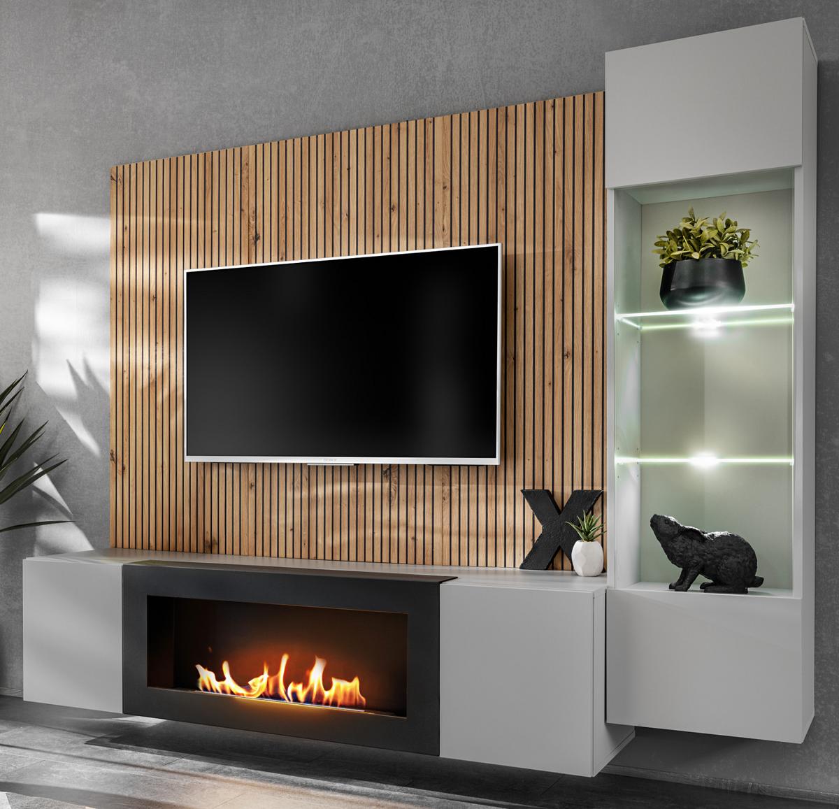 WOHNWAND hellgrau, schwarz, Eiche Artisan 200 cm, Schrankwand inklusive Ethanol Kamin und Beleuchtung - Hellgrau/Schwarz, Glas/Holzwerkstoff (200/148/35cm) - Inn.Furn