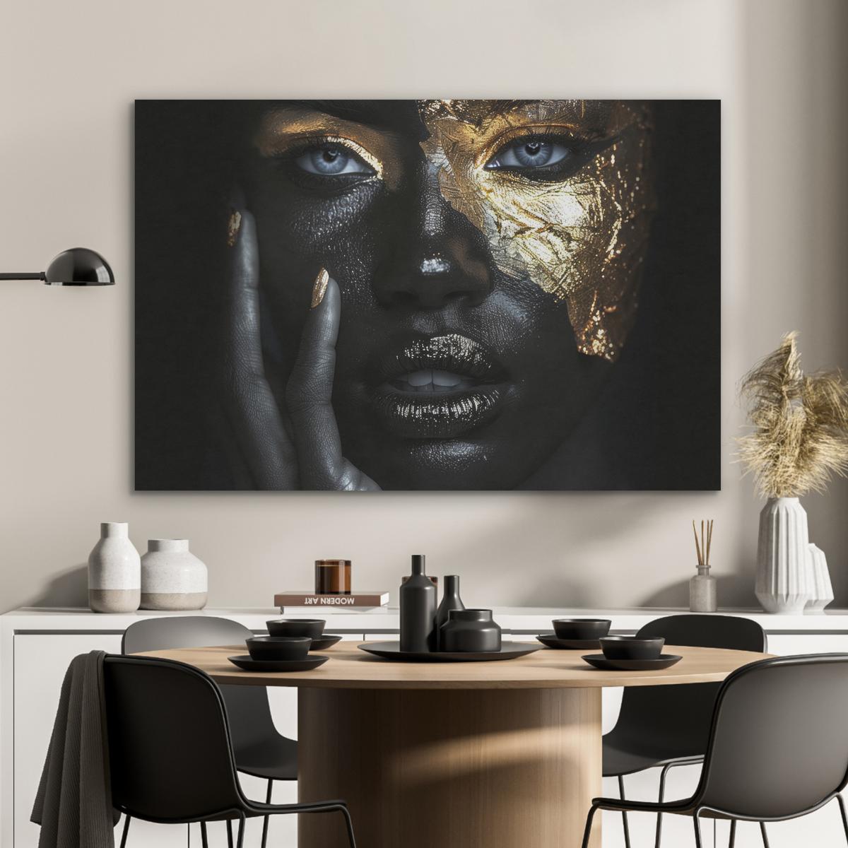 AKUSTIKBILD Frau - Gold - Porträt - Schwarz-Weiß - Luxus Akustikpaneele 90x60 cm - Hellblau, Kunststoff (90/60/0.9cm) - MuchoWow