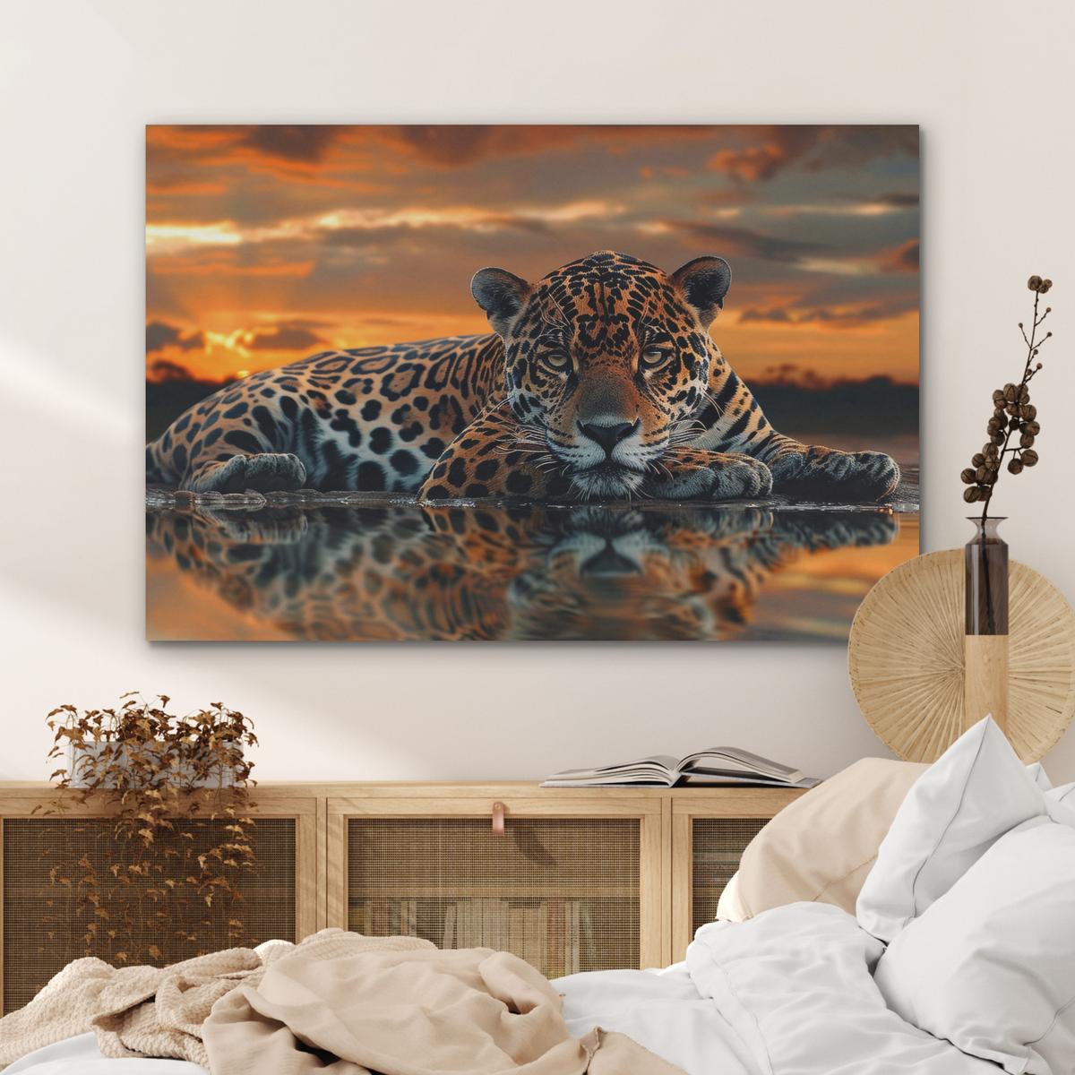 AKUSTIKBILD Natur - Leopard - Tier - Sonnenuntergang - Modern Wandbild Wohnzimmer 100x70 cm - Orange, Kunststoff (100/70/0.9cm) - MuchoWow