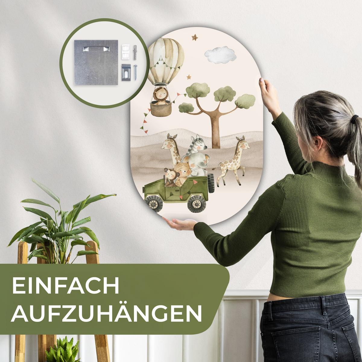 WANDBILD Wilde Tiere - Safari - Aquarell - Heißluftballon Wanddeko Schlafzimmer 60x90 cm - Beige, Kunststoff (60/90cm) - MuchoWow