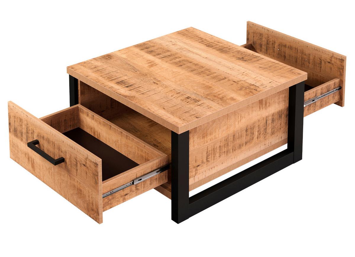 COUCHTISCH Mango, schwarz quadratisch 80 x 80 cm, Beistelltisch mit zwei Schubladen - Schwarz/Naturfarben, Holzwerkstoff/Kunststoff (80/80/45cm) - Top.Furn