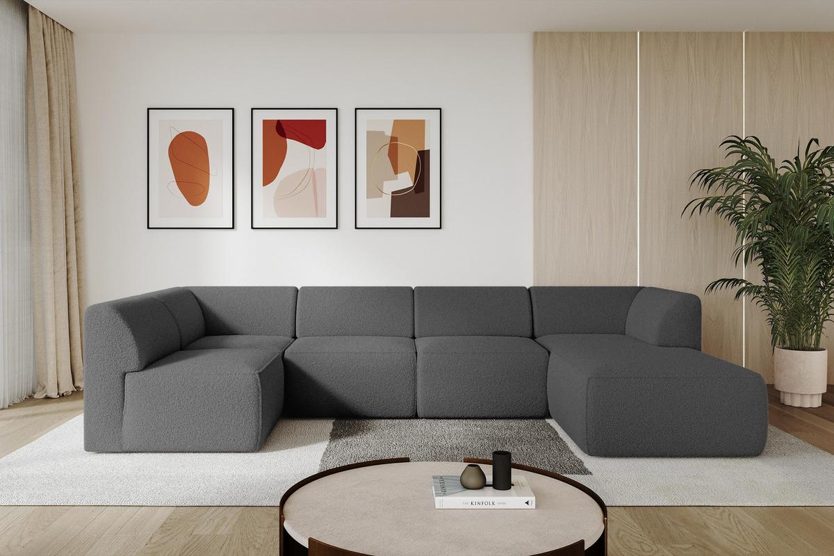 WOHNLANDSCHAFT Ottomane Rechts MOVO-L 345x180x78 cm Grau Bouclé - Chromfarben, Holzwerkstoff/Kunststoff (180/78/345cm) - ALTDECOR