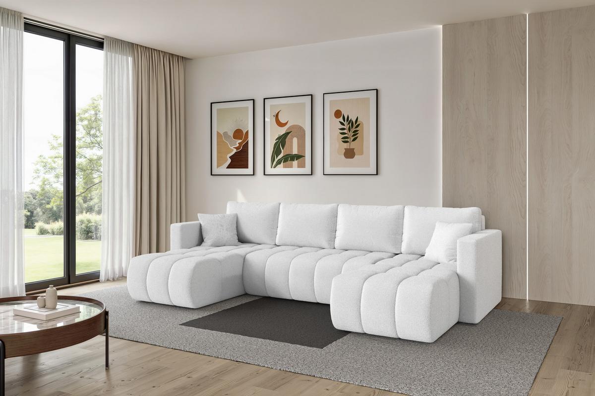 WOHNLANDSCHAFT mit Schlaffunktion und Bettkasten GARD-U 300x146x85 Weiß Bouclé - Schwarz/Weiß, Holzwerkstoff/Kunststoff (300/85/146cm) - ALTDECOR