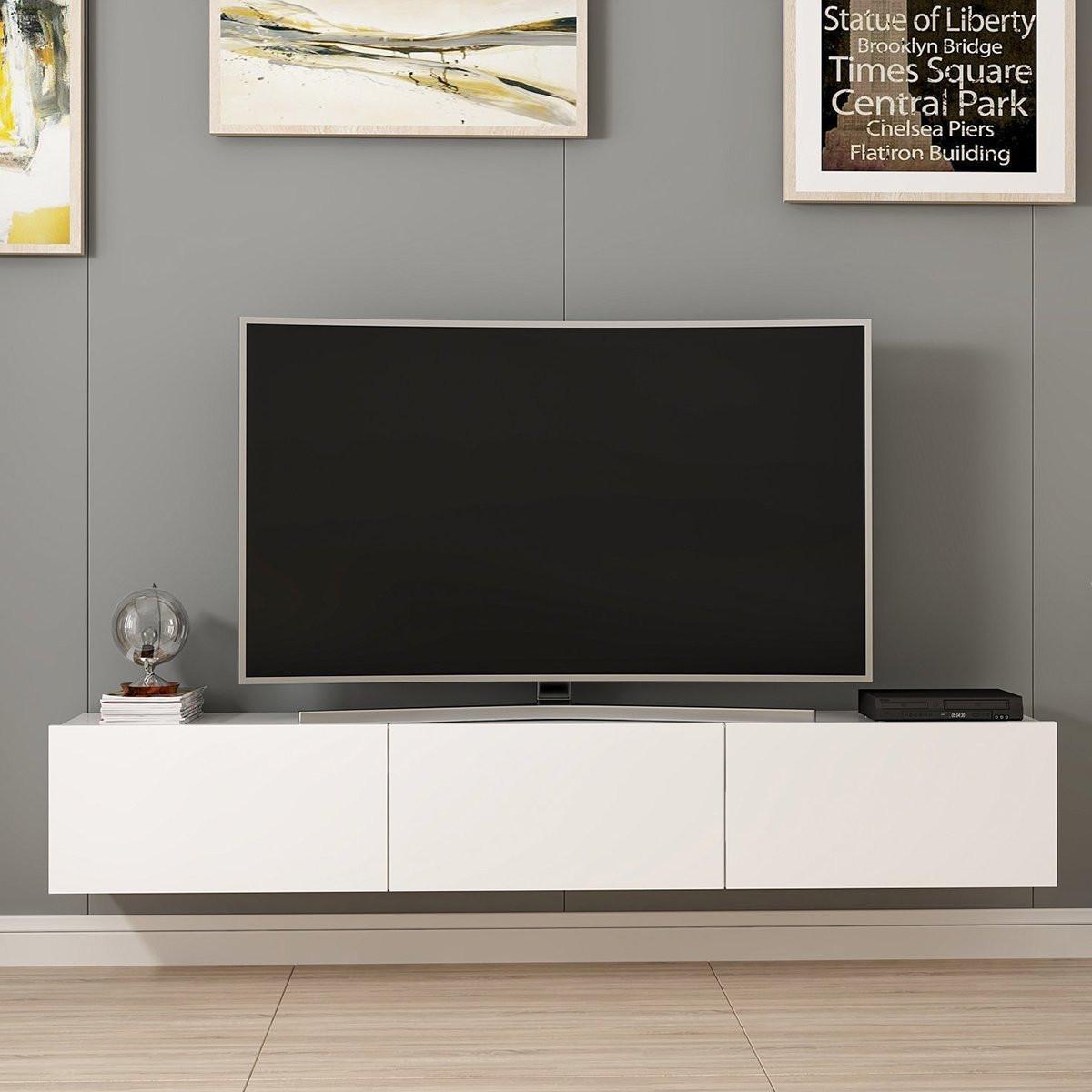 SCHWEBENDER TV-Schrank mit 3 weißen Türen, Länge 180 cm - Rigel - Weiß, Holzwerkstoff (32/30/180cm) - Calicosy