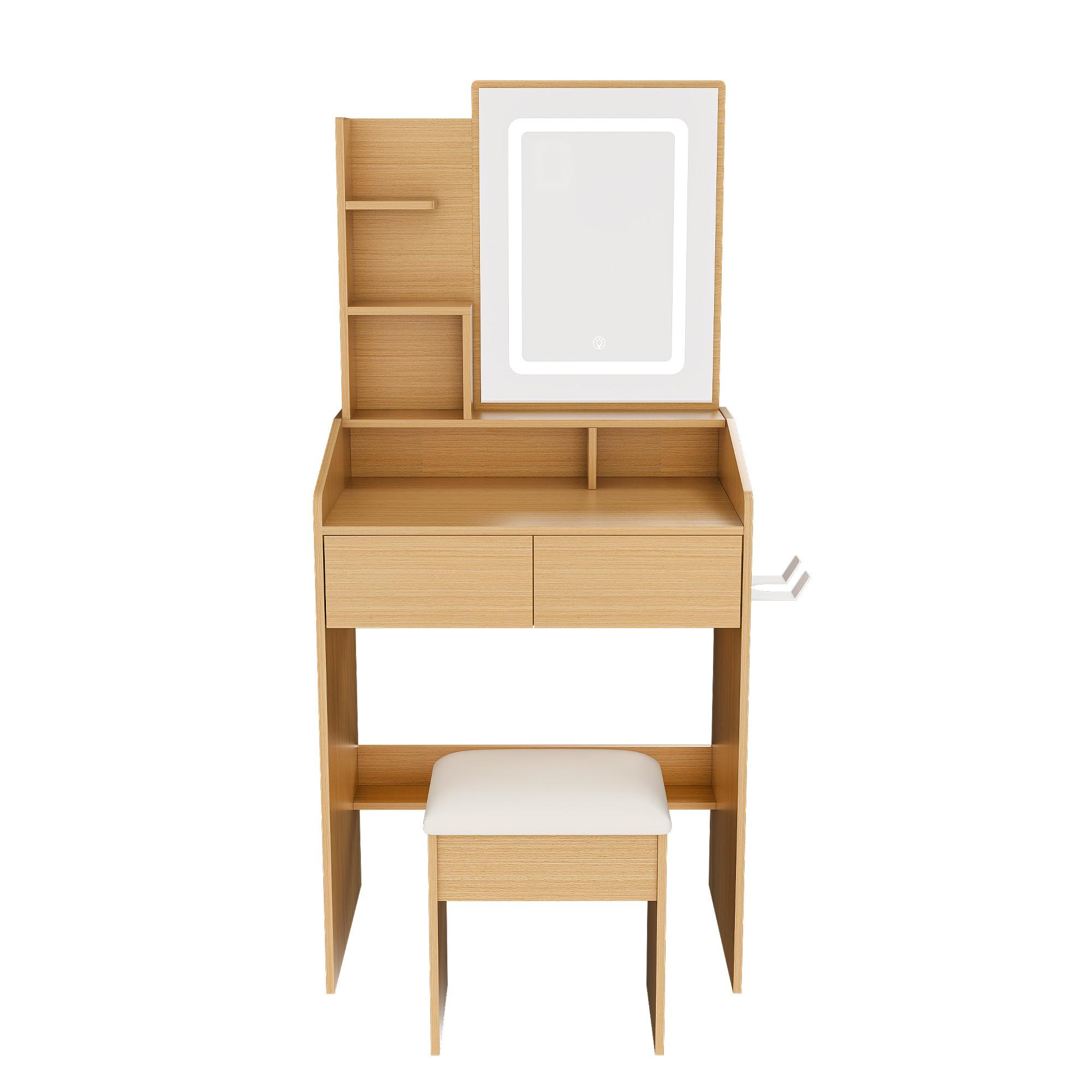 SCHMINKTISCH holzoptik 60 cm mit LED-Spiegel, Steckdose & Hocker - Naturfarben, Holzwerkstoff (60/130/36cm) - Urban Meuble