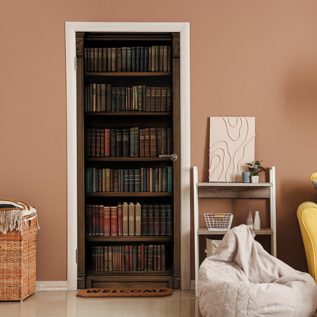 TÜRAUFKLEBER Bücherregal - Vintage - Braun Fototapete selbstklebend 80x205 cm - Türtapete - Nussbaumfarben, Kunststoff (80/0.1cm) - MuchoWow