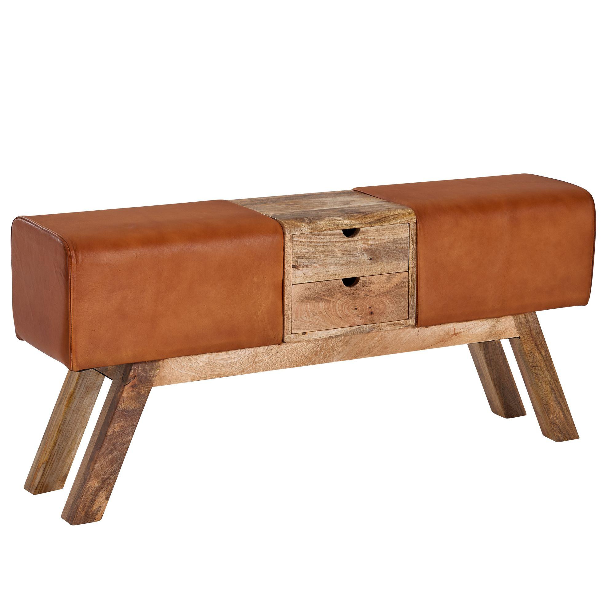 SITZBANK – Leder/Massivholz, 120x56x30 cm, Braun, mit Schubladen, Turnbock-Design - Braun, Leder/Holz (120/56/30cm) - KADIMA DESIGN
