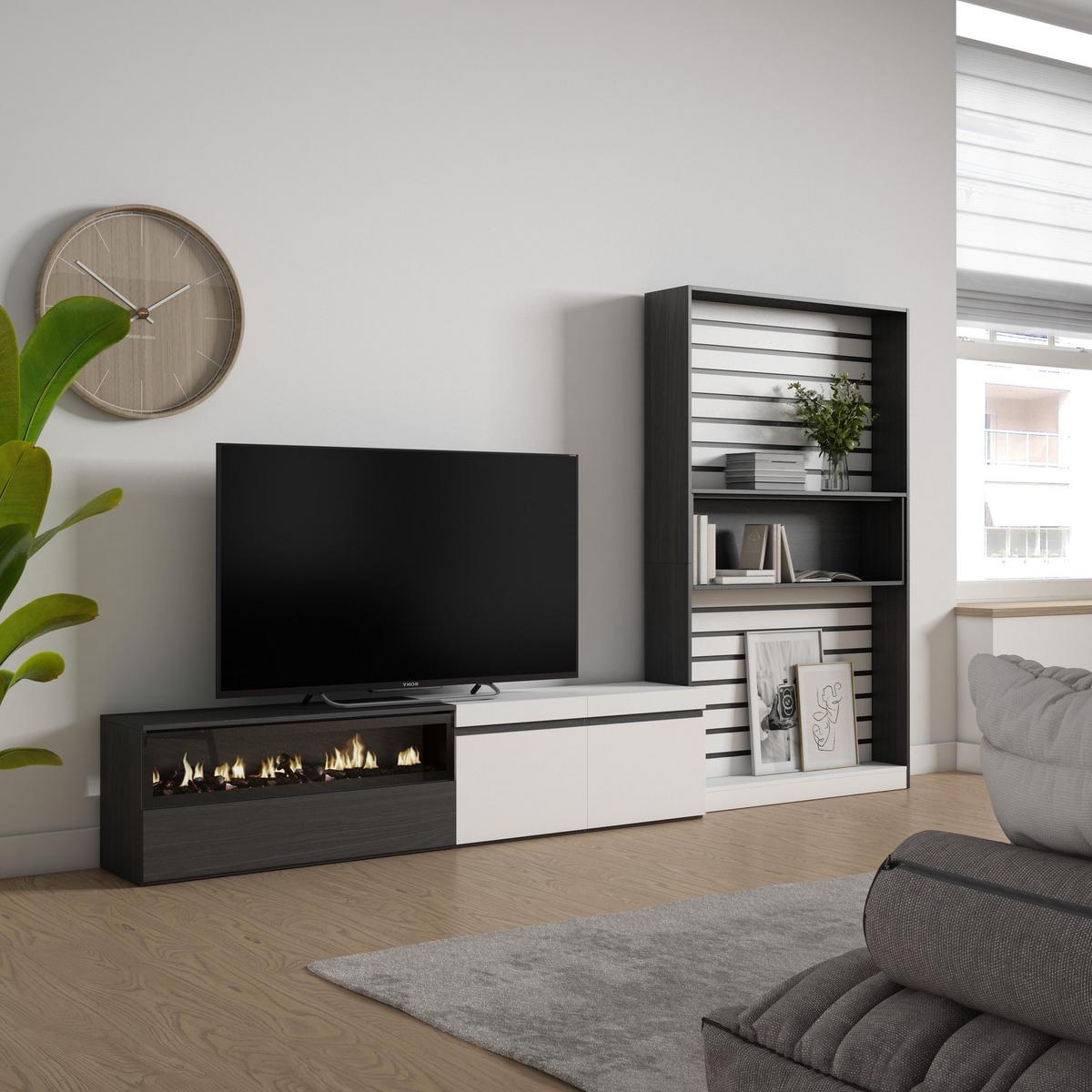WOHNWAND Wohnzimmer, weiß und schwarz, Elektrokamin,, 310/35/186cm - Schwarz/Weiß, Holzwerkstoff (310/186/35cm) - Skraut Home