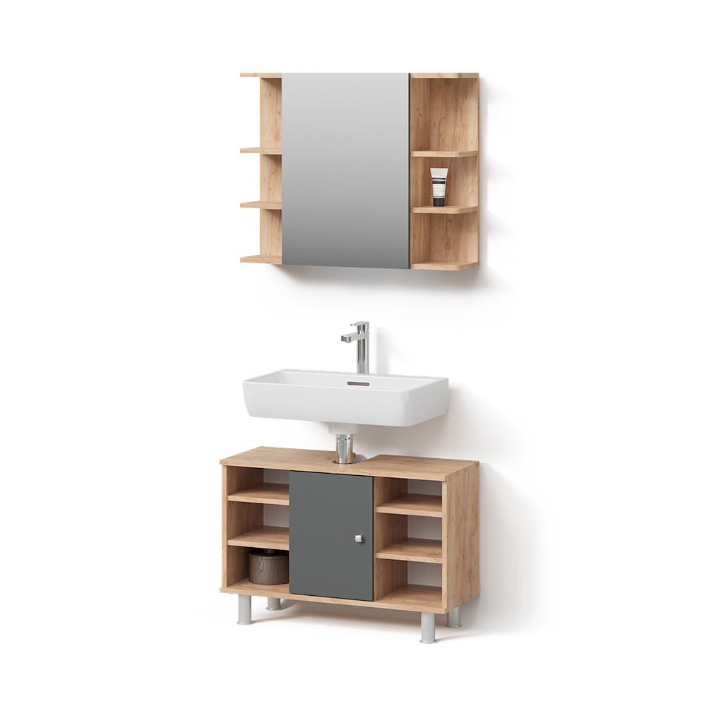 BADMÖBEL-SET Fucino Goldkraft Eiche 2 Teile, Unterschrank 80 cm - Honigeiche, Holzwerkstoff (80/64/32cm) - Livinity®