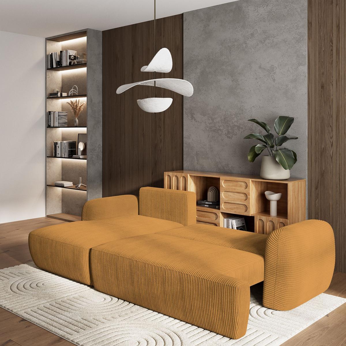 ECKSOFA MODENZA P L-S Gelb Kordstoff mit Schlaffunktion - Gelb/Schwarz, Holz/Kunststoff (266/148cm) - MASSENO