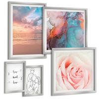 BILDER SET 5er Set - 50x50 cm & 20x30 cm & 40x60 cm Silberner Rahmen - Blumenfamilie minimalistisch - Silberfarben, Kunststoff (40/60cm) - TULUP