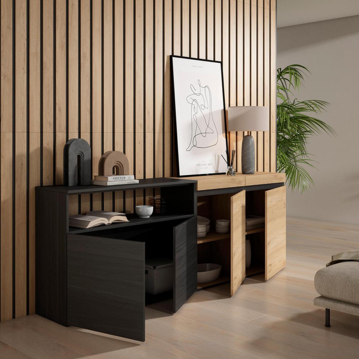 SIDEBOARD eiche, schwarz, 200/35/75cm - Multicolor, Holzwerkstoff (200/75/35cm) - Skraut Home