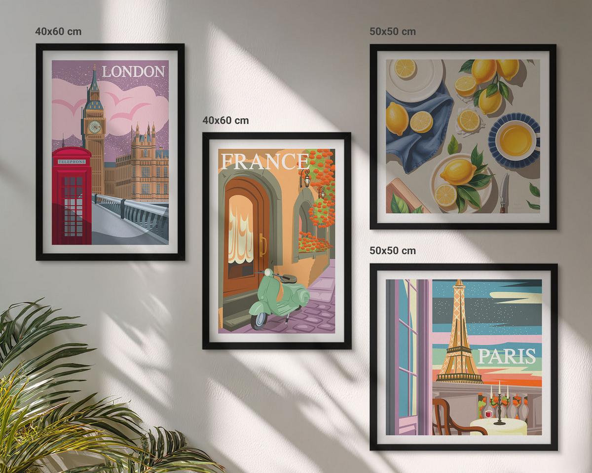 BILDER SET 4er Set - 50x50 cm & 40x60 cm Schwarzer Rahmen - Stadtansichten Paris London Frankreich - Schwarz, Kunststoff (50/50cm) - TULUP