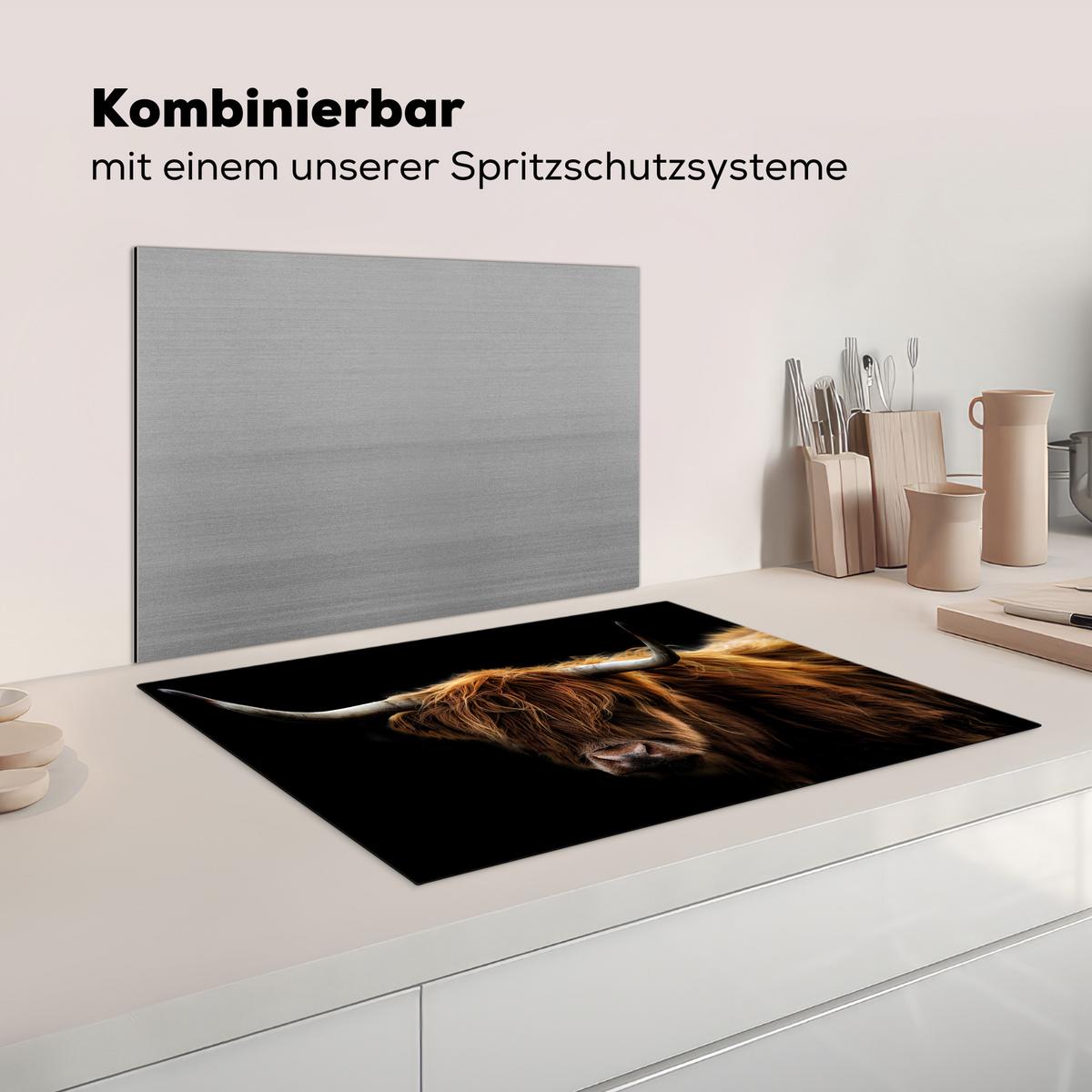 HERDABDECKPLATTE Schottischer Highlander - Hörner - Schwarz - Tiere - Natur - Wild - Kuh Herdabdeckung Induktionsfeld 75x52 cm - Cognac, Kunststoff (75/52/0.2cm) - MuchoWow