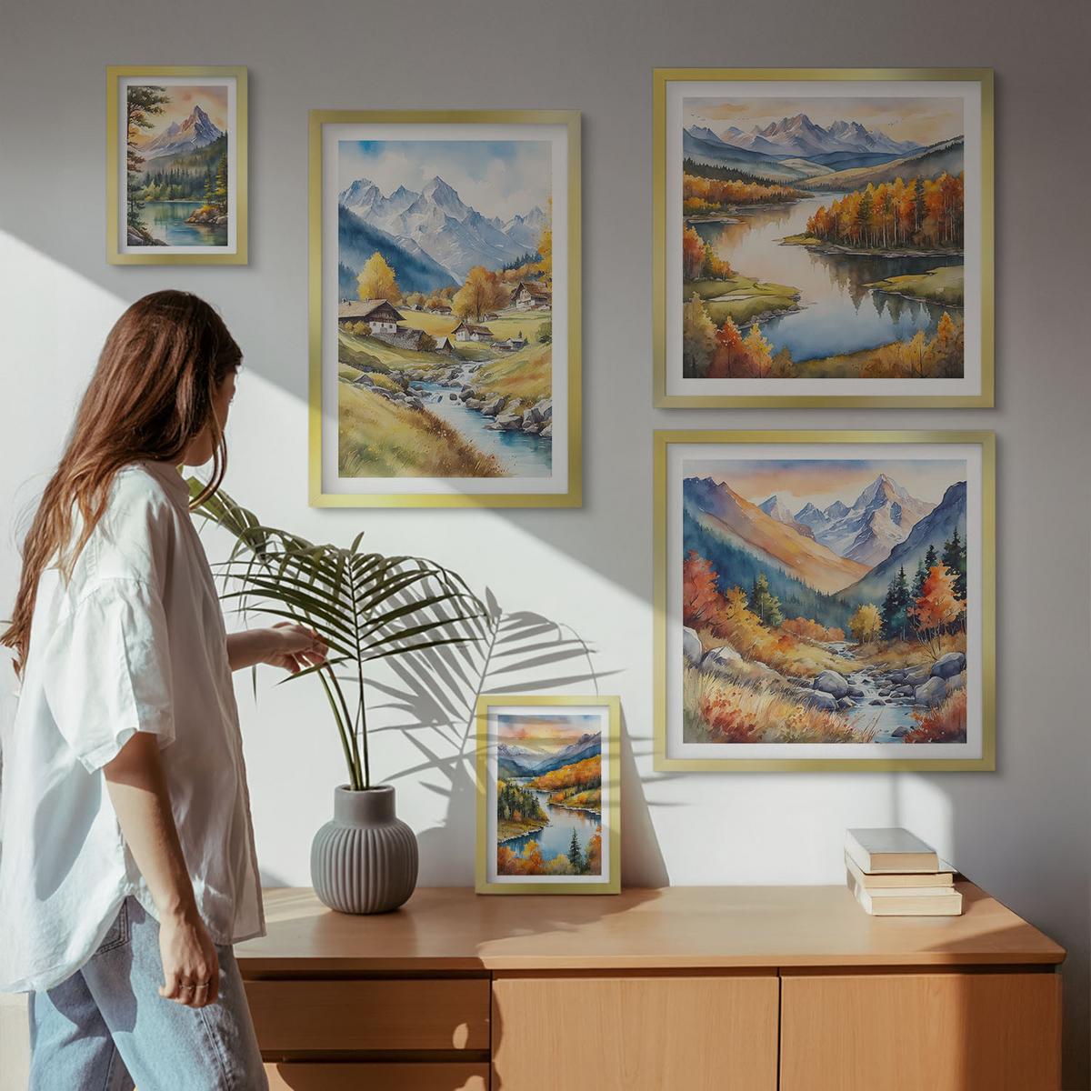BILDER SET 5er Set - 50x50 cm & 20x30 cm & 40x60 cm Goldrahmen - Nachthimmel, Berge, Winter, Weltraum - Goldfarben, Kunststoff (40/60cm) - TULUP