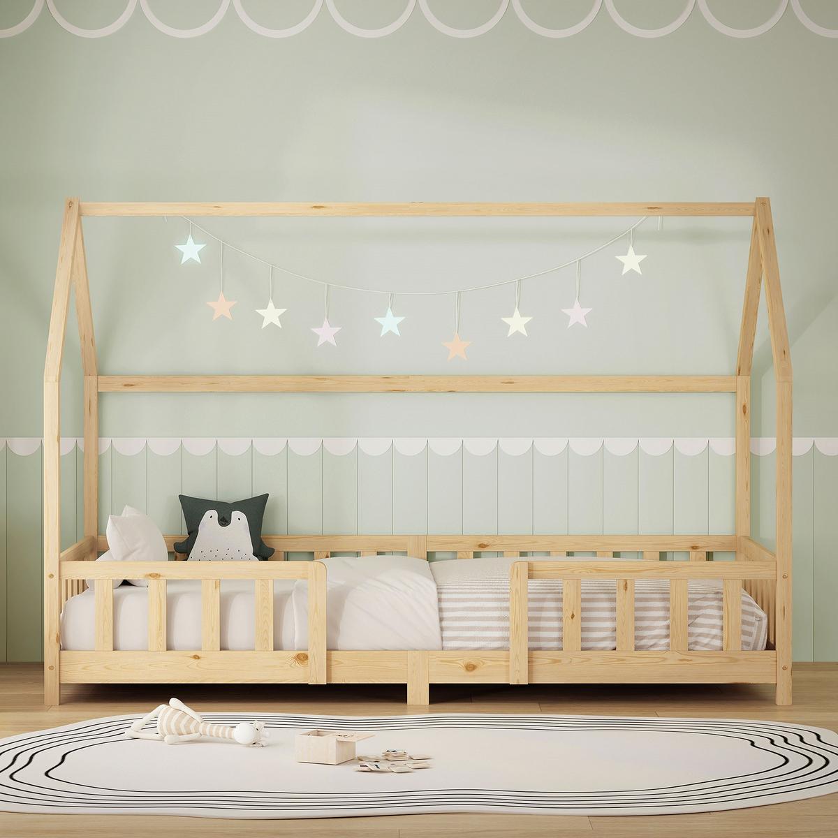 KINDERBETT 90x200 cm mit Matratze & Rausfallschutz Natur aus Kiefernholz - Naturfarben, Holz (90/200cm) - ML-DESIGN