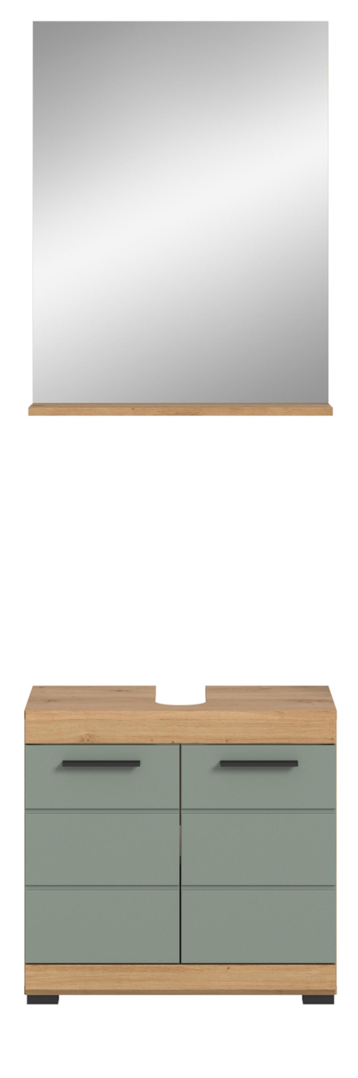 BADMÖBEL-SET Salbei grün, Eiche Artisan 2-teilig 60 cm, Kombination mit Spiegel - Salbeigrün/Schwarz, Glas/Holzwerkstoff (60/191/34cm) - Inn.Furn
