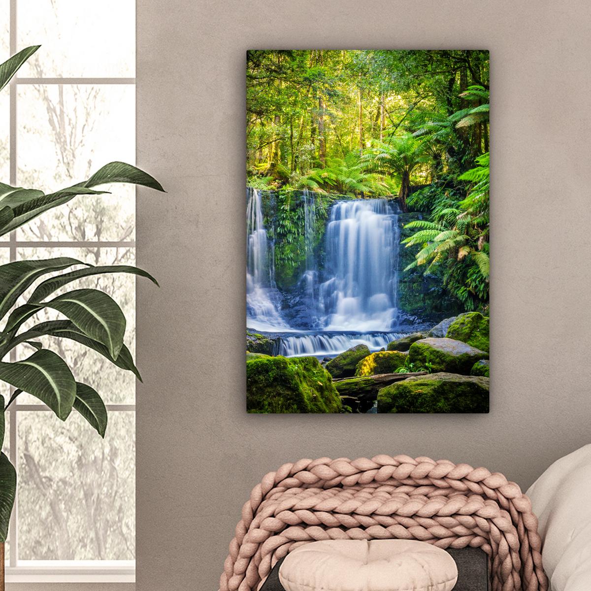 LEINWANDBILD Dschungel - Wasserfall - Australien - Pflanzen - Natur Wanddeko Schlafzimmer 60x90 cm - Dunkelgrün, Textil (60/90cm) - MuchoWow