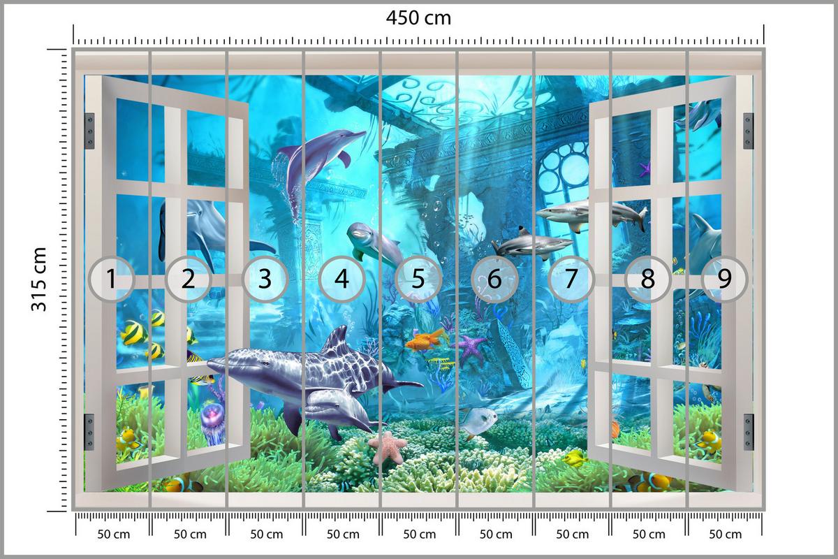 FOTOTAPETE für Schlafzimmer Fenster Unterwasserwelt Delfine Riff 450x315 - Blau/Weiß, Papier (450/315cm) - Muralo