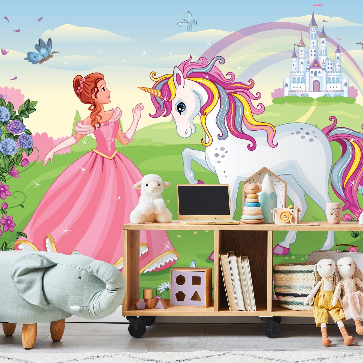 FOTOTAPETE für Kinderzimmer Prinzessin Einhorn Schloss Blumen 250x175 - Blau/Gelb, Papier (250/175cm) - Muralo