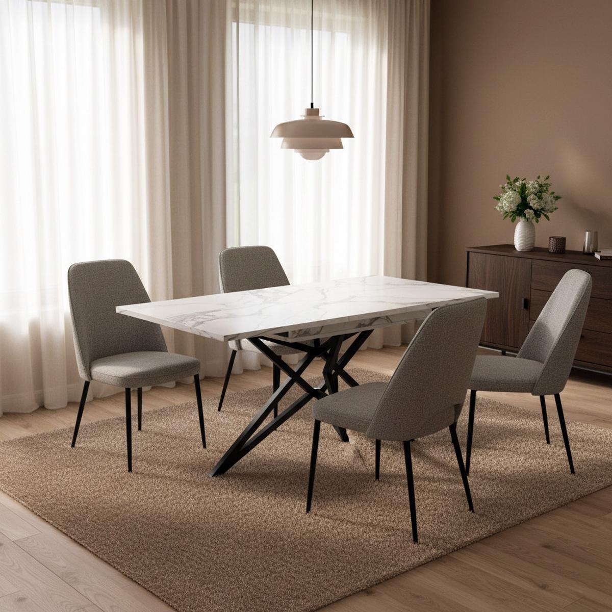 ESSTISCH AUSZIEHBARER Weiß Marmoroptik mit Ausziehfunktion & Sternfuß - Hellbraun, Holzwerkstoff/Metall (80/120/66cm) - Urban Meuble