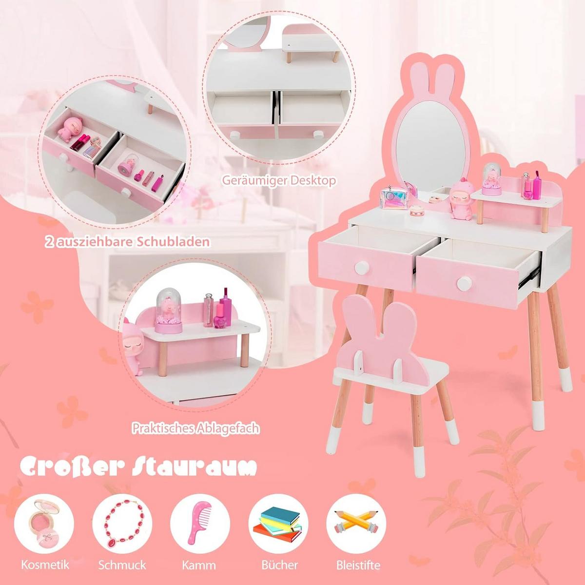 KINDER SCHMINKTISCH Set Pink - Pink, Holz (78/110/37cm) - COSTWAY
