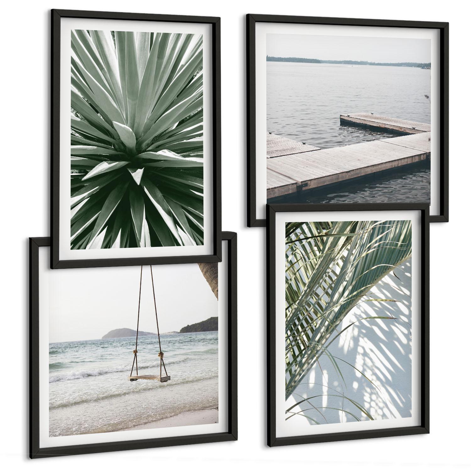 BILDER SET 4er Set - 50x50 cm & 40x60 cm Schwarzer Rahmen - Hängebrücke aus Palmenblättern - Schwarz, Kunststoff (50/50cm) - TULUP