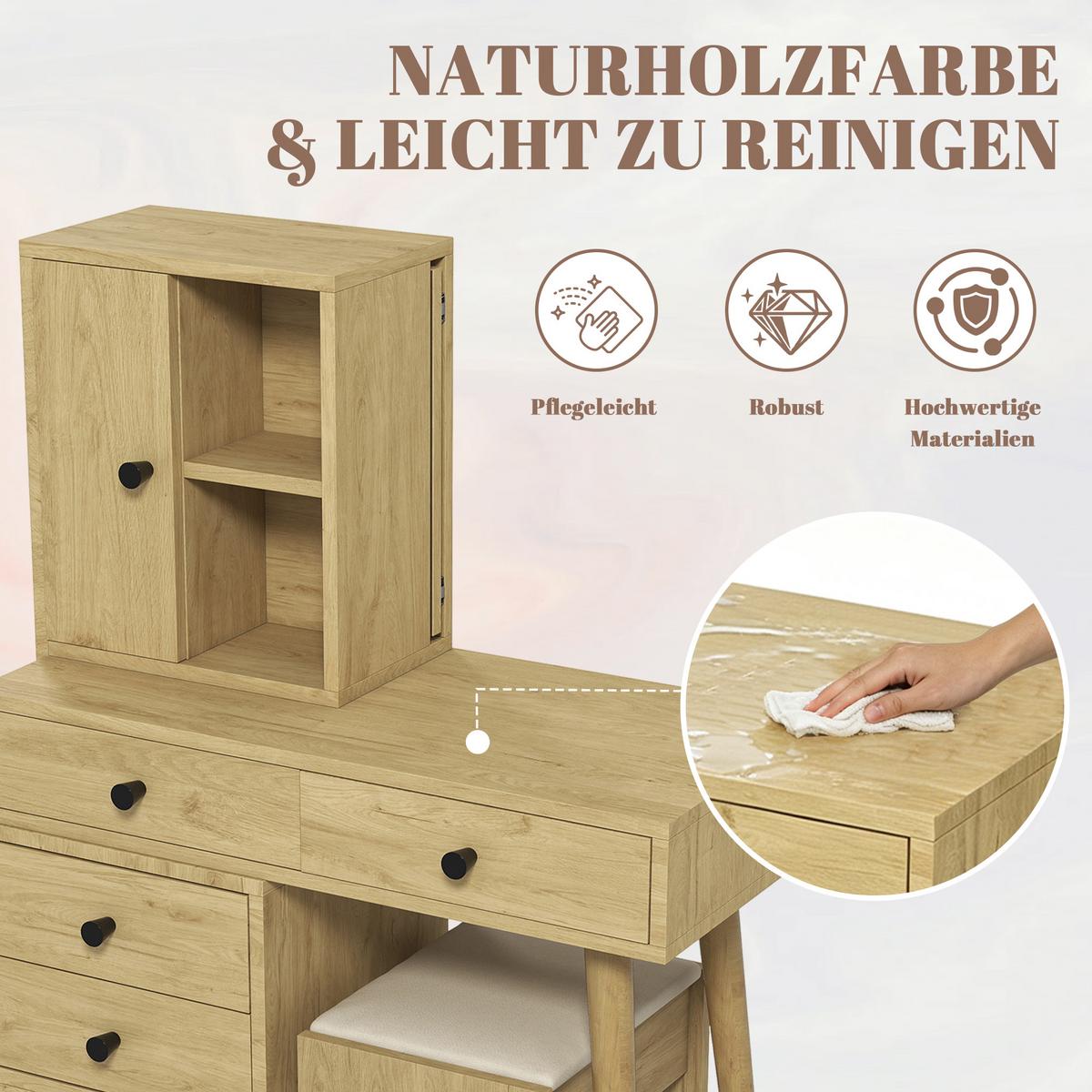 SCHMINKTISCH mit Hocker Naturholzoptik mit versenkbarem Spiegel, 5 Schubladen - Naturfarben, Holzwerkstoff (123/120/40cm) - Urban Meuble