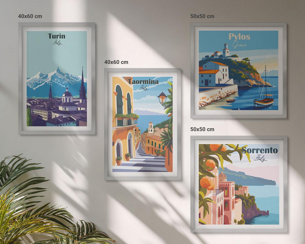 BILDER SET 4er Set - 50x50 cm & 40x60 cm Silberner Rahmen - Farbenfrohe Illustrationen von Retro-Städten - Silberfarben, Kunststoff (50/50cm) - TULUP