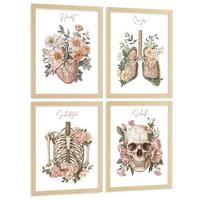 POSTER Set aus 4 Anatomie Mensch Florale Drucke und Wandbilder mit Herz Lungen Skelett und Schädel Stil Wanddekoration Größe Leichter Holzrahmen A4 - Beige, Papier (21/29.7/3cm) - Nacnic