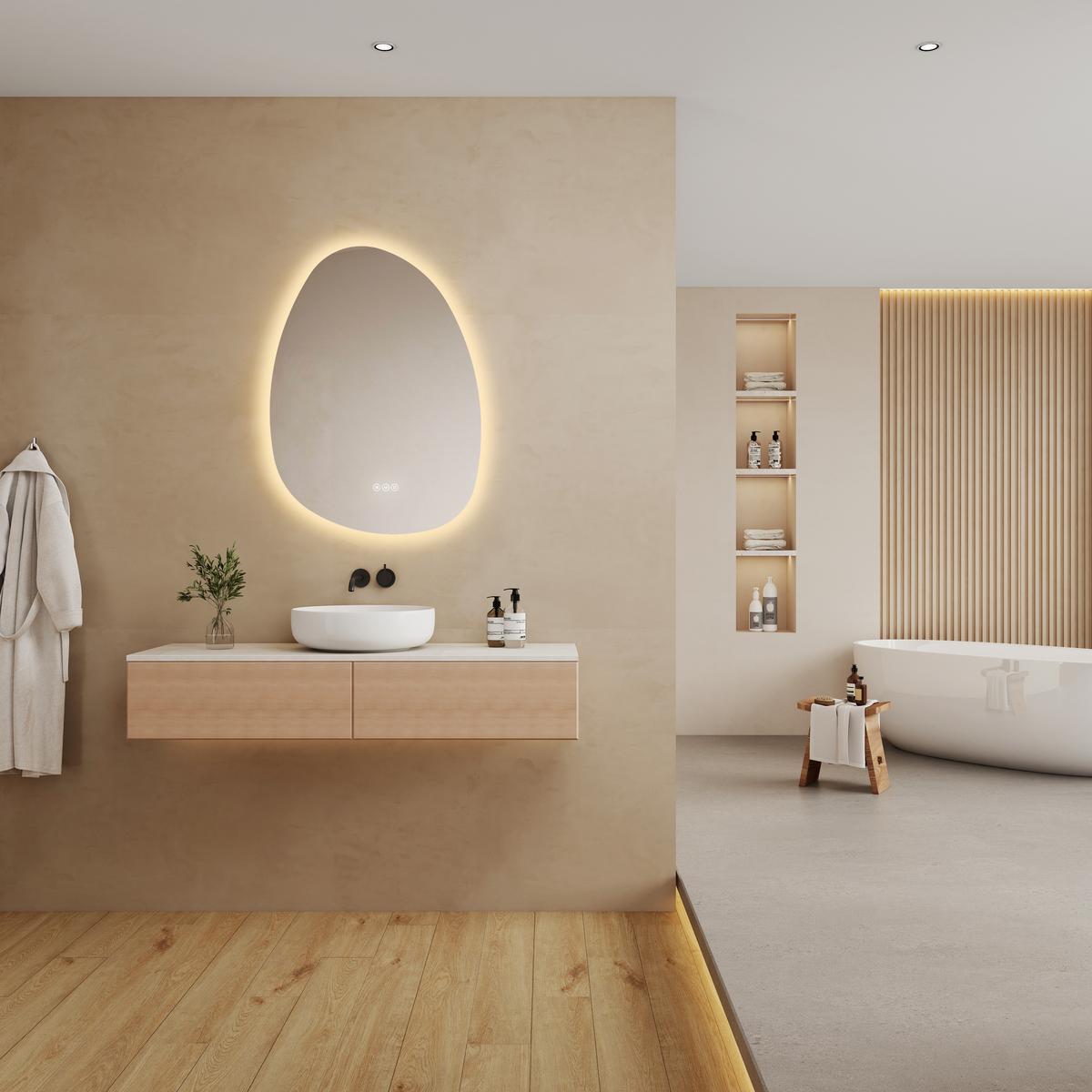 BADSPIEGEL asymmetrisch mit LED-Beleuchtung, Antibeschlag, 75/55 cm - Transparent, Glas (55/75/2.5cm) - EMKE