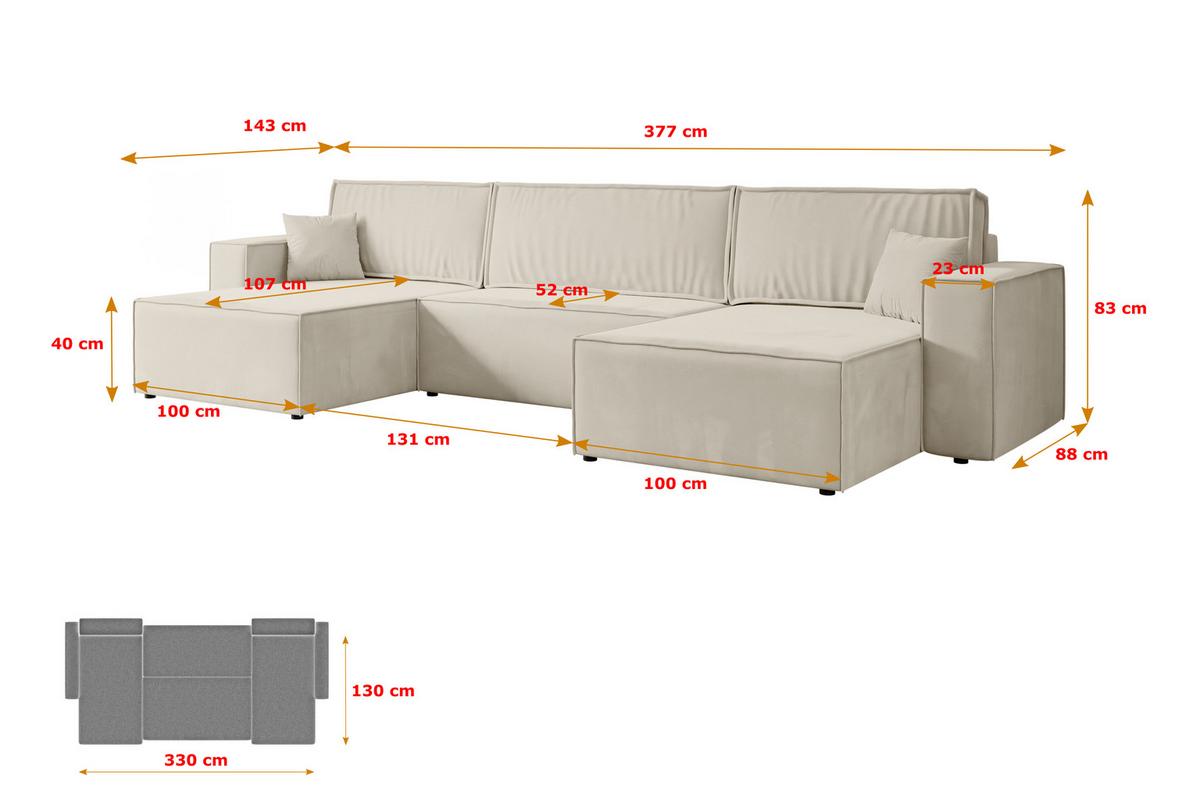 WOHNLANDSCHAFT mit Schlaffunktion und Bettkasten CELTIC-XLU - 377x143x83 cm Beige Velours - Beige/Creme, Holzwerkstoff/Kunststoff (377/83/143cm) - ALTDECOR