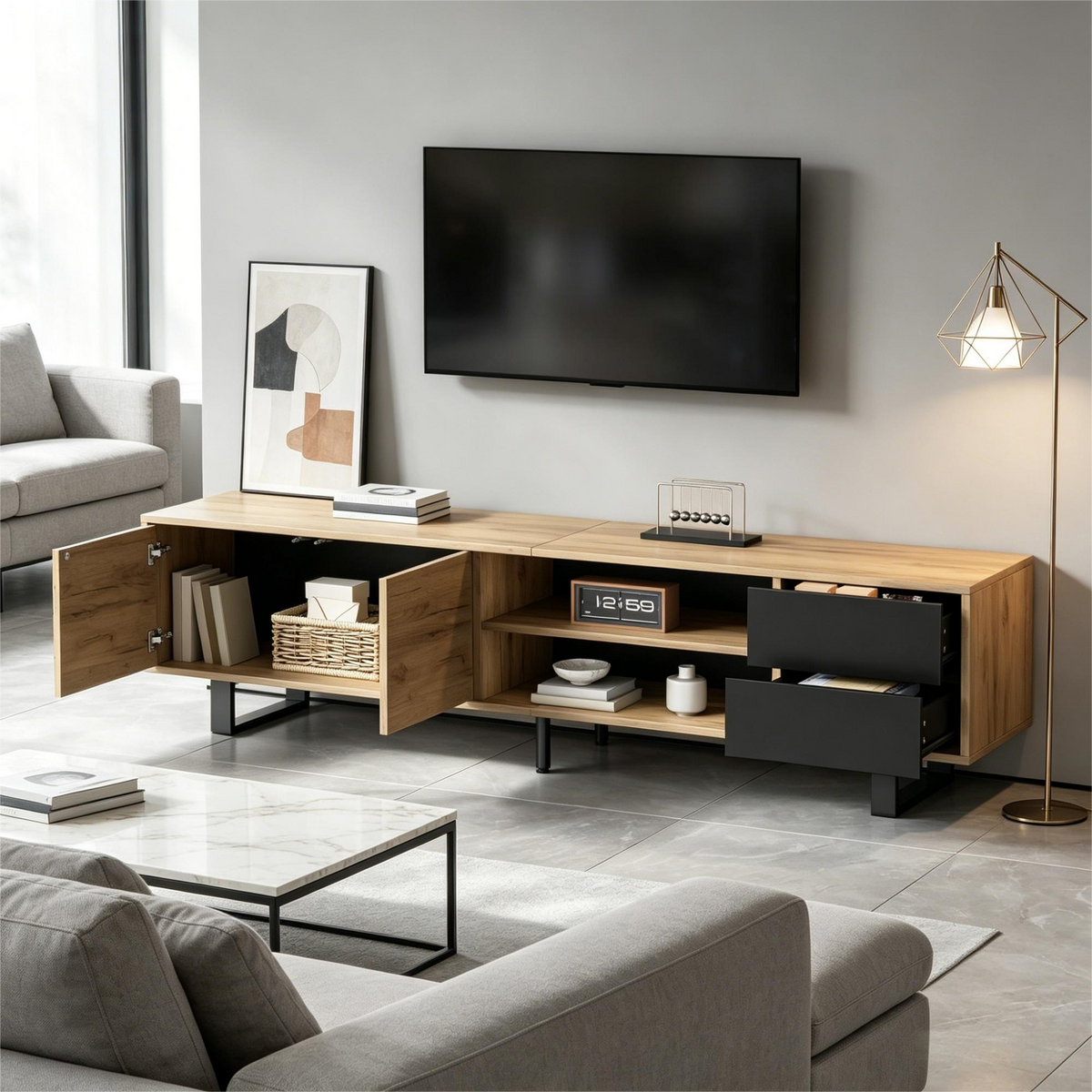 TV-LOWBOARD 180cm Holzoptik & Schwarz für 75-Zoll TV mit 2 Schubladen & Metallbeinen - Naturfarben, Holzwerkstoff (180/50/40cm) - Urban Meuble