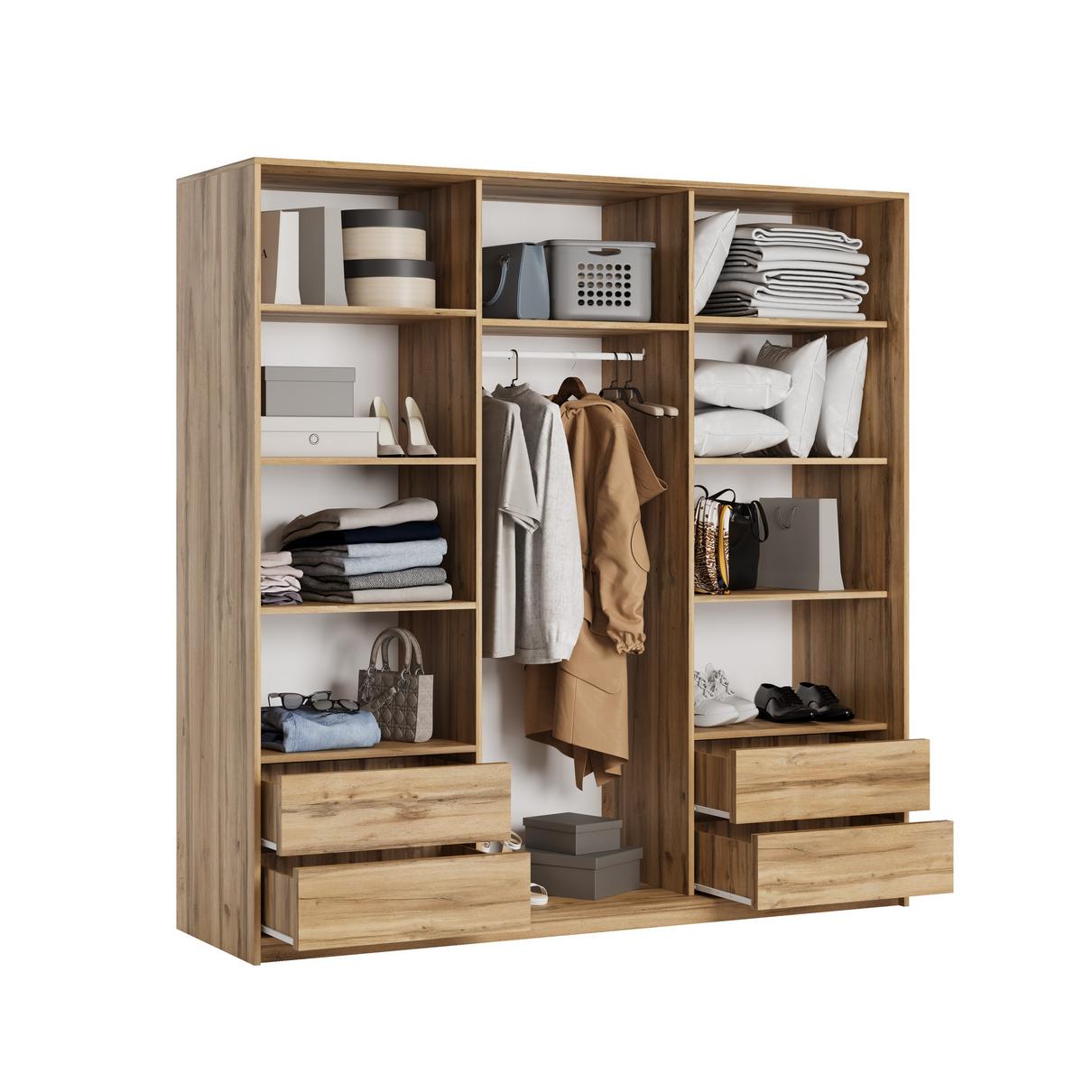 SCHWEBETÜRENSCHRANK TAVI 180/205/60 cm 3-türig mit Spiegel und Schubladen Eiche Wotan - Eiche Wotan/Nickelfarben, Holzwerkstoff (180/205/60cm) - MASSENO