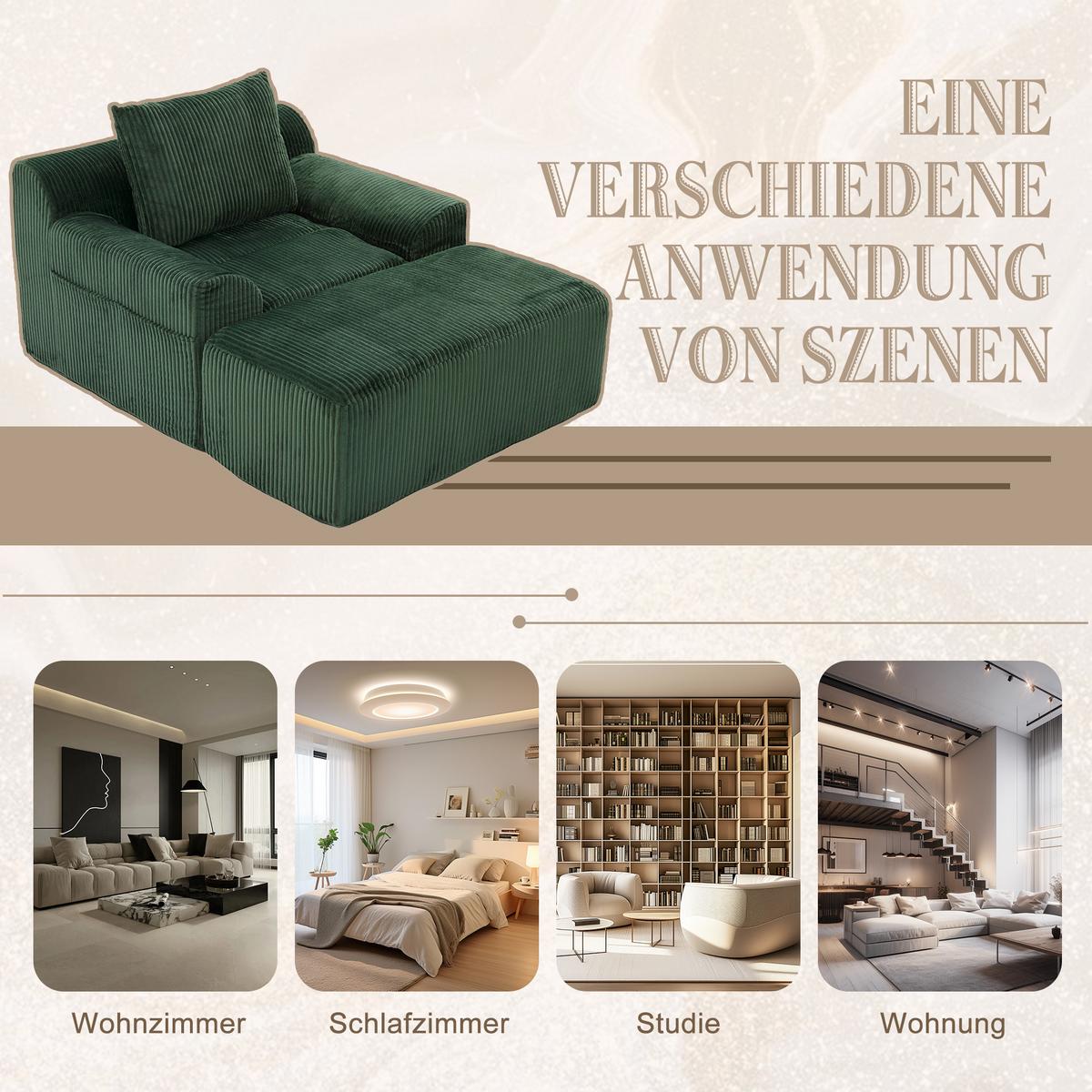 SESSEL mit Hocker in Cord Übergroßer Relaxsessel - Grün, Textil (110/67/147cm) - Urban Meuble