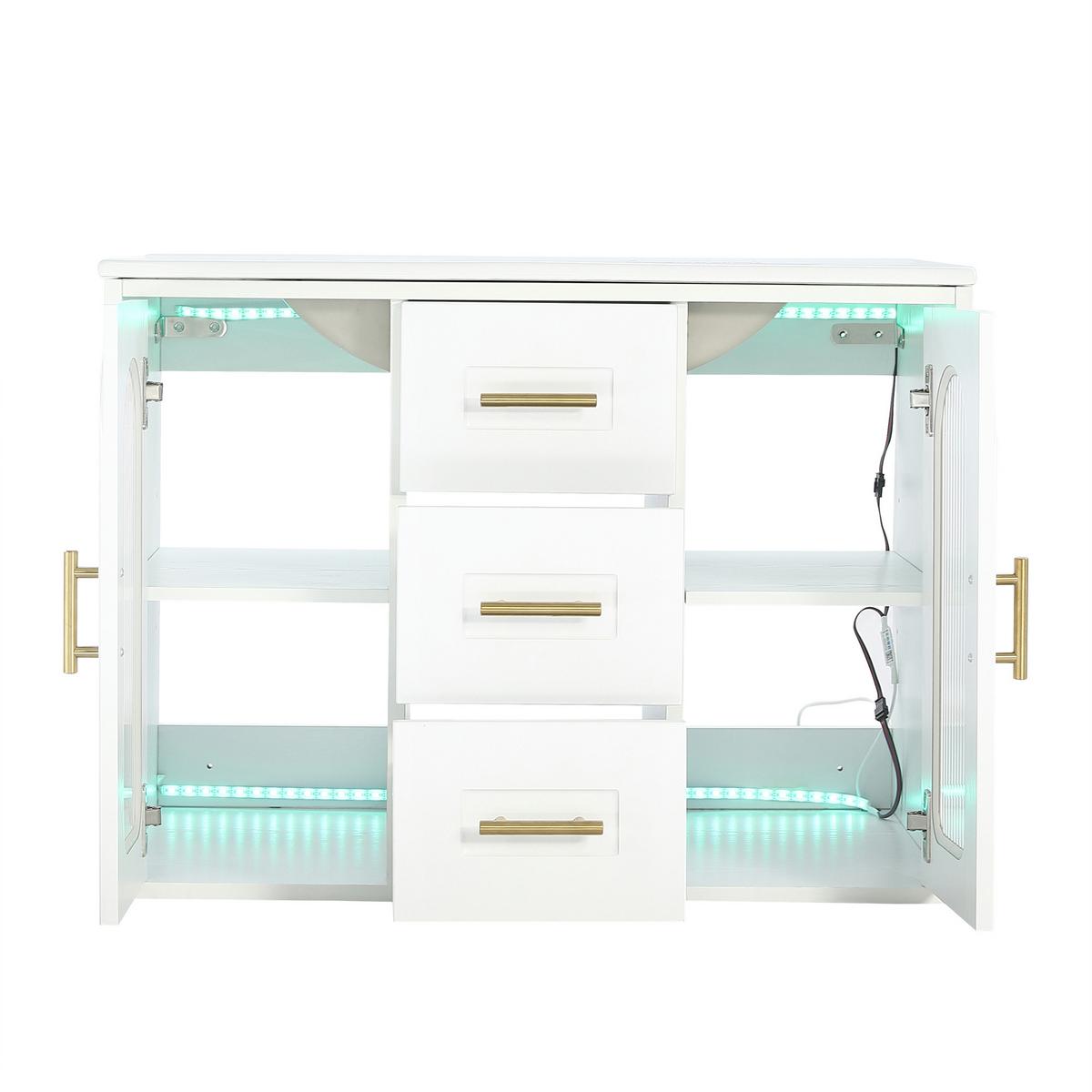 WASCHTISCH mit Unterschrank 76cm Weiß Holzoptik mit LED & Glastür - Weiß, Holzwerkstoff (76/55/46cm) - Urban Meuble